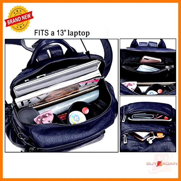 Large Vegan Leather Backpack with Laptop Compartment and Multiple Pockets